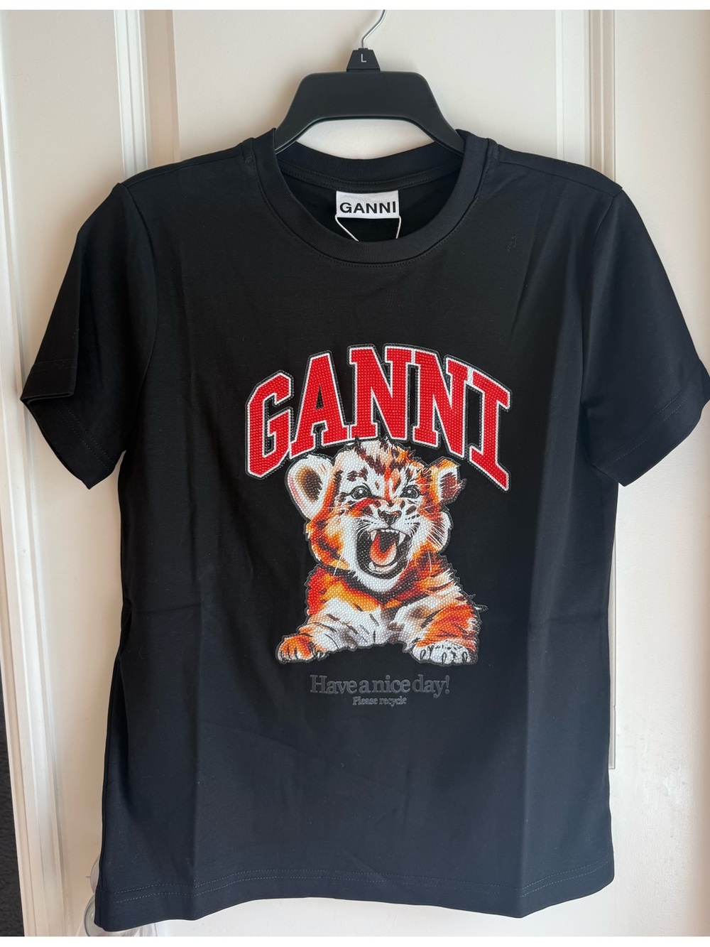 Ganni Black Tee with Red Logo and Colorful Tiger Graphic